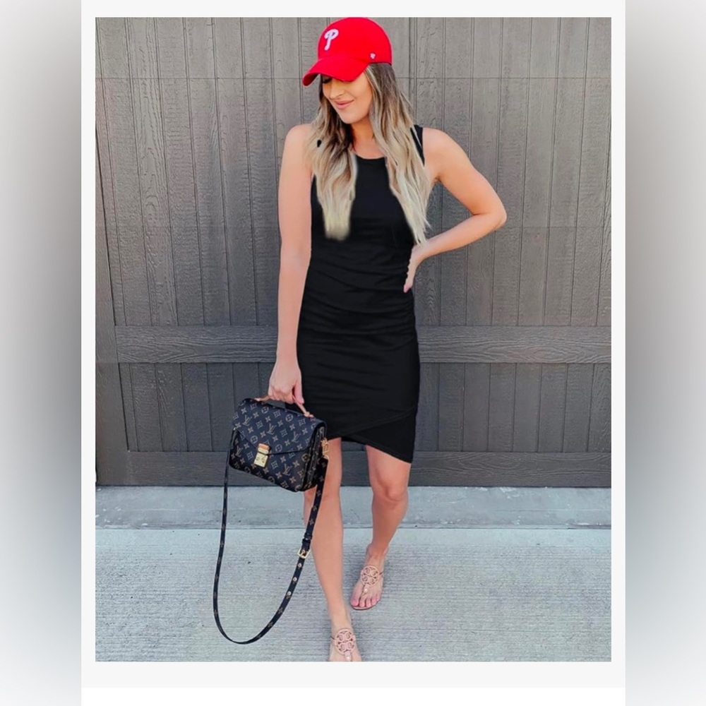 Women Sleeveless Tank Crew Neck Casual Ruched Dress